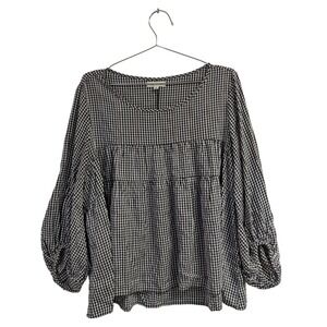 Max Studio Gingham Print Peasant Blouse Tiered Balloon Sleeve Boho Chic  L